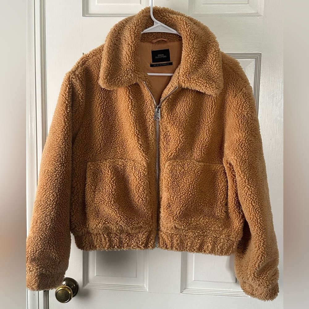 Urban Outfitters Cozy Tan Cropped Teddy Ear Jacket